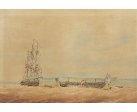 Nicholas Pocock (British, 1740-1821)HMS San Fiorenzo and the French Ship Premontaise off Pointe du Galle, Ceylon signed and d