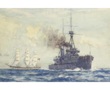 Norman Wilkinson (British, 1878-1971)HMS Audacious and an old frigate signed 'NORMAN WILKINSON' (lower right), bears inscript