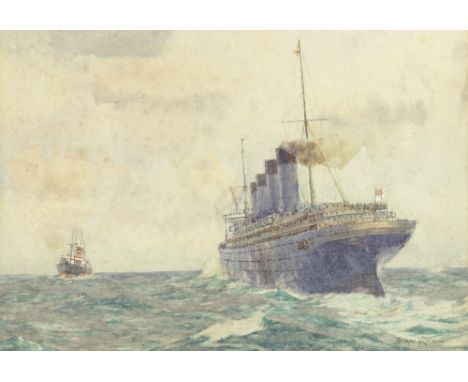 Norman Wilkinson (British, 1878-1971)The Cunard liner Mauretania steaming at speed in her grey wartime livery as a troopship 