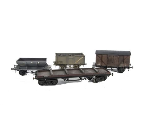 Kit-Built 0 Gauge Finescale Two Rail Freight Stock, group of four metal wagons comprising a covered van, open wagon, a L.M.S.