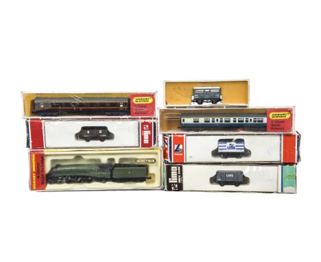 Hornby Minitrix Graham Farish and Lima N Gauge Locomotives and Rolling Stock, Minitrix BR green ‘Mallard’, maroon and blue/gr