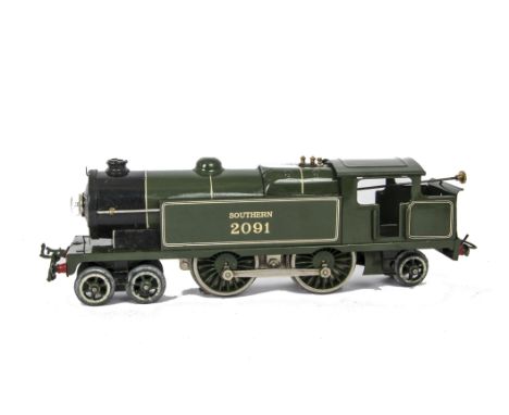A Hornby 0 Gauge 3-rail Electric E220 Southern Railway Tank Locomotive, in SR green as no 2091, overall VG, bogie wheels fati