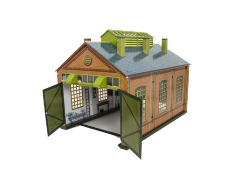 Darstaed 0 Gauge Engine Shed, printed tin Modular ES-2 two road illuminated Engine Shed, with minor wear, scratch on side and