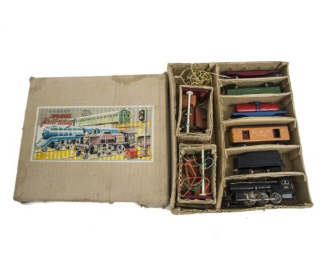 An uncommon Korean Sakai Complete Train Set, comprising black 2-6-0 Steam Locomotive and Tender and four wagons and two signa