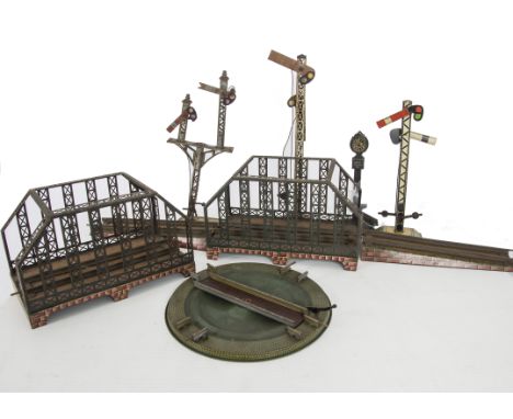 A Collection of 0 Gauge Accessories by Bing and Others, including two Lattice-girder bridges with one pair ramps, a ‘clock pe