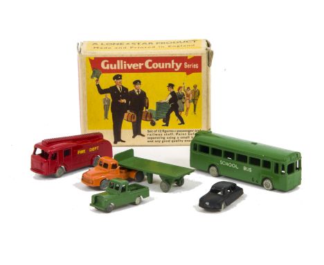 Lone Star 000 Gauge Pushalong Trains Gulliver Country 168 Vehicle Set, comprising Fire Engine, Citroën, green Bus, Artic with