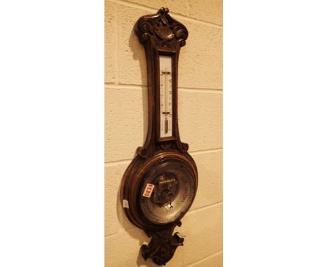 Oak cased banjo barometer and thermometer