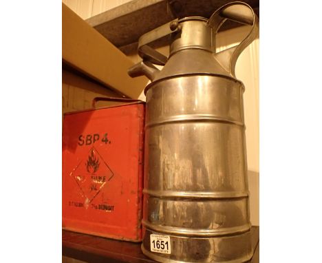 Large aluminium oil can and a vintage two gallon petrol can