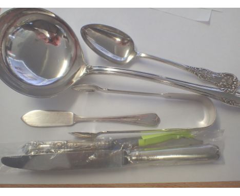 Silver handled knives silver plated ladle and other items