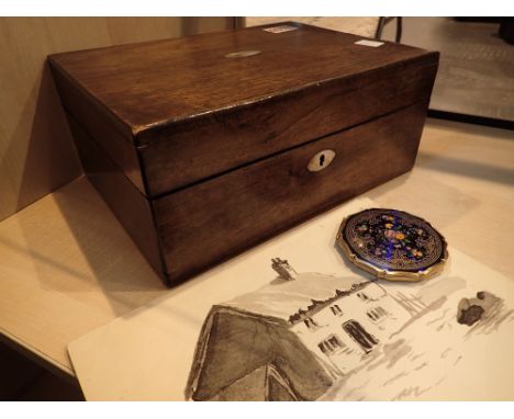 Vintage wooden box containing art work and a Stratton compact