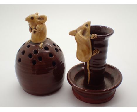 Salt glazed mouse on candlestick H: 9 cm and a salt glazed mouse on sugar shaker H: 11 cm
