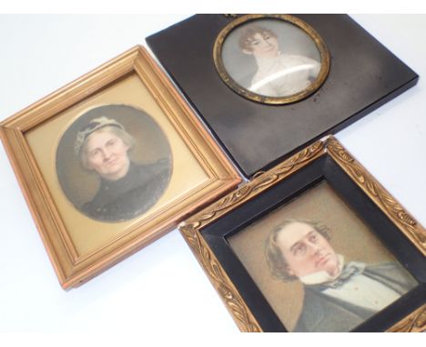 Three hand painted portrait miniatures of two ladies and a gentleman