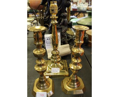 Electric brass lamp and 2 brass ejector candlesticks
