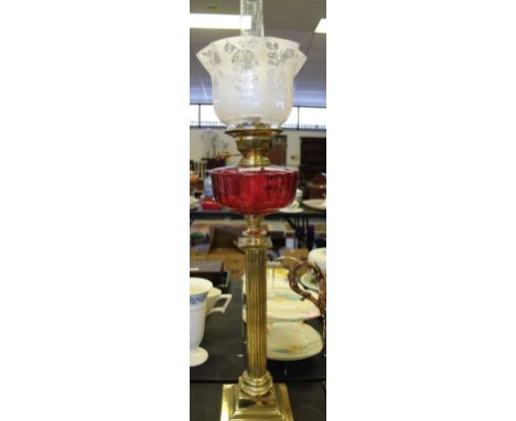 Victorian brass table oil lamp Cranberry reservoir