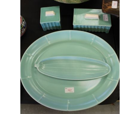 Poole Pottery turquoiseware charger, plate and 2 trinket boxes