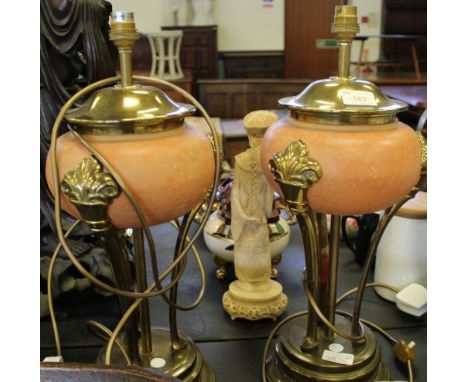 Pair of bronzed and ceramic 3 legged table lamps