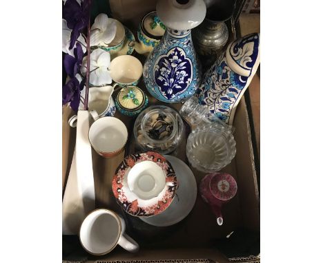 CARTON WITH PART JAPANESE TEA SET, BLUE &amp; WHITE WALL POCKET &amp; LAMP BASE &amp; OTHER CHINA &amp; GLASSWARE