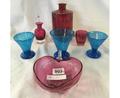SHELF OF CRANBERRY GLASS &amp; 3 BLUE GLASSES WITH CRACKLE FINISH