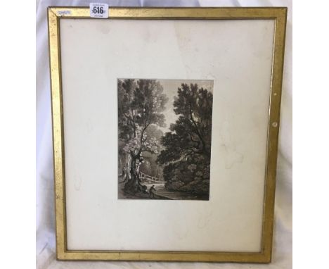 MONOCHROME WATERCOLOUR OR PRINT BY BENJAMIN BARKER OF BATH.  FIGURE FISHING IN A WOODED RIVER VALLEY 
