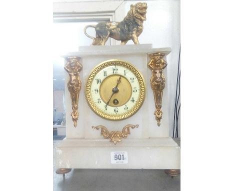 WHITE MARBLE MANTLE CLOCK WITH GILT FIGURES &amp; LION