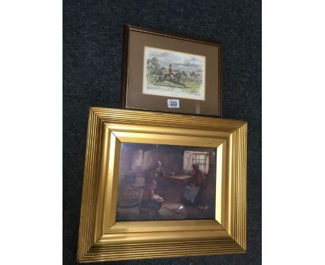 2 FRAMED VINTAGE PRINTS - 1 A PARLOUR SCENE THE OTHER A HUNTING SCENE