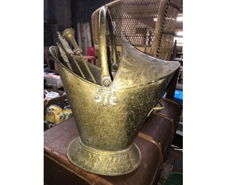 BRASS HANDLED COAL SCUTTLE WITH 3 BRASS FIRESIDE TOOLS