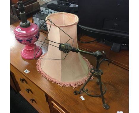 COLOURED GLASS &amp; BRASS TABLE LAMP WITH SHADE (NO WIRING) &amp; VINTAGE BRASS ADJUSTABLE LAMP (NO WIRING)