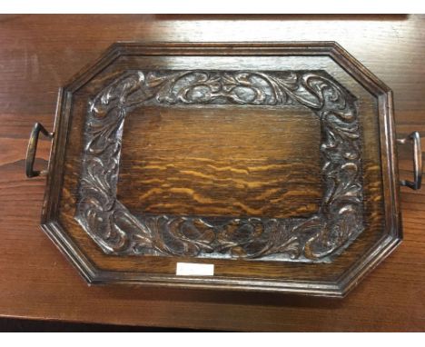 CARVED OAK TRAY, SET OF DOMINO'S, CRIBBAGE &amp; OTHER TREEN ITEMS