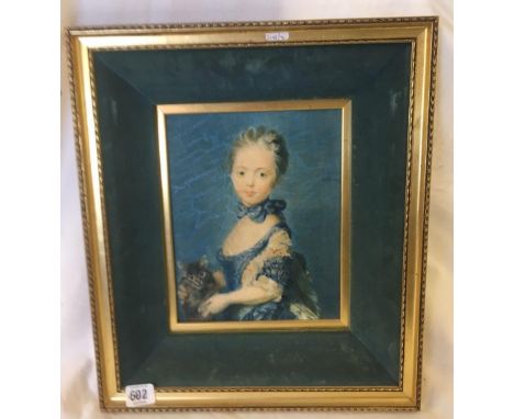 DECORATIVELY FRAMED PORTRAIT OF A YOUNG GIRL WITH KITTEN,  ON CANVAS [ PRINT?] 