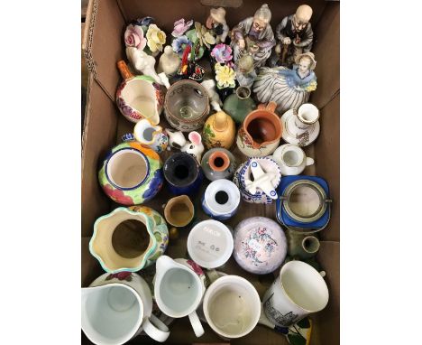 2 CARTONS OF MIXED CHINA, VASES, FIGURINES, PLATES, HAND MIRRORS, NOVELTY TEA POT &amp; COMMEMORATIVE TEA CADDY