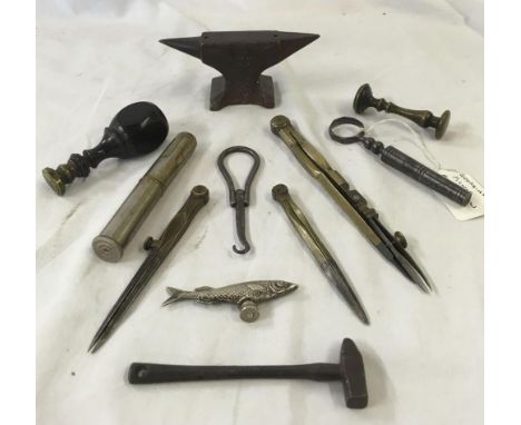 SMALL CARTON WITH VINTAGE DRAWING TOOLS, MINIATURE 'ALBION' ANVIL, CRESTED SEALS, &amp; GEORGIAN PICNIC CORKSCREW 