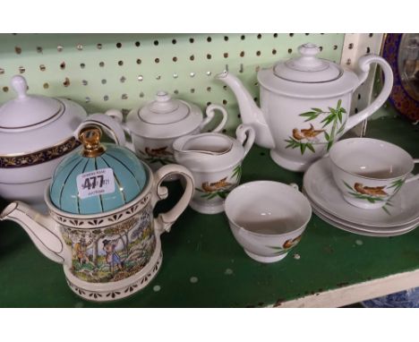 SHELF OF MIXED TEA POTS ETC