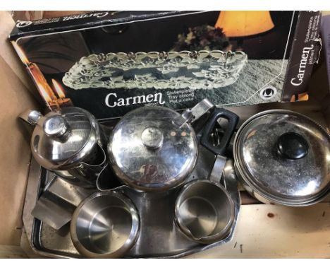 CARTON WITH STAINLESS STEEL TEA SET SERVICE, SAUCEPAN &amp; GLASS PLATE TRAY
