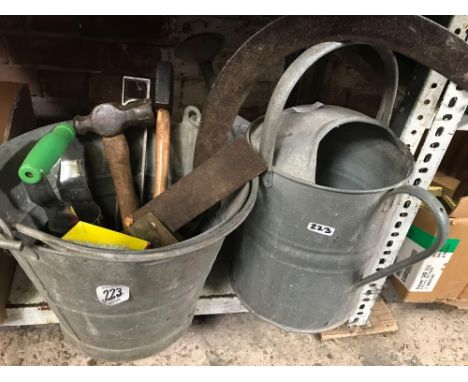 GALVANISED BUCKET &amp; WATERING CAN WITH MISC HAND TOOLS &amp; A SICKLE