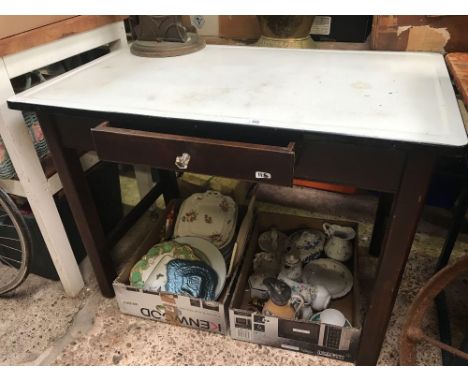 BROWN ENAMEL TOPPED KITCHEN TABLE WITH ONE DRAWER