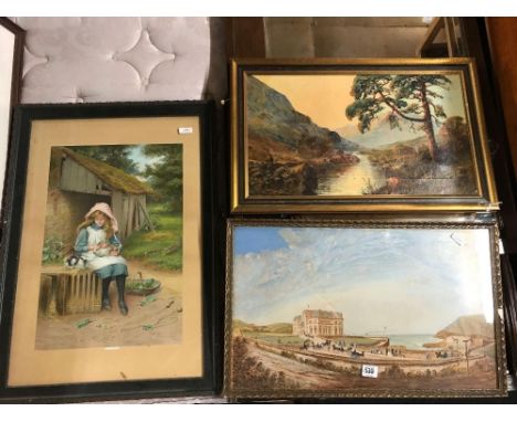 F/G PRINT OF 'HOLIDAY TIMES' BY C.E. WILSON,  F/G WATERCOLOUR BIRKS OF ABERFELDY BY SALLY EKEKALL &amp; F/G WATERCOLOUR BY WA