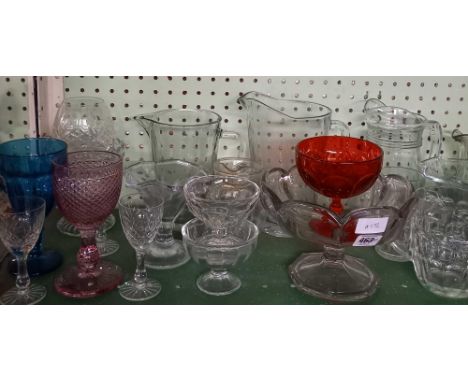 SHELF OF GLASS WATER JUGS, DESSERT DISHES &amp; GOBLETS ETC