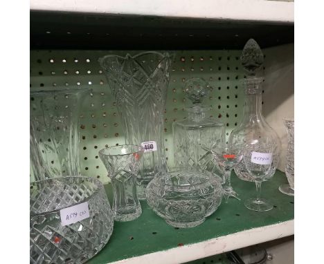 SHELF OF GLASS VASES, 2 DECANTERS &amp; STOPPERS ETC
