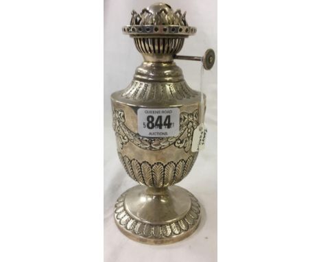 SILVER OIL LAMP WITH RIBBON TIED GARLANDS &amp; BANDS OF LEAVES. 7.5'' TALL X 3.2'' dia WITH SILVER PLATED SINGLE BURNER - SH