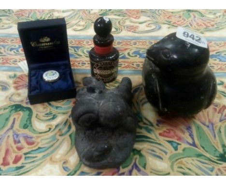 STONE FIGURE OF A DUCK, ESKIMO SCULPTURE, VINTAGE DR MACKENZIES SMELLING BOTTLE &amp; SMALL ENAMEL POT