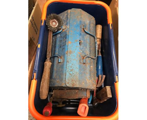 2 METAL CANTILEVER TOOL BOX WITH A PINK PLASTIC TOOL BOX WITH ARTISTS REQUISITES &amp; QTY OF HAND TOOLS ALL IN BLUE PLASTIC 