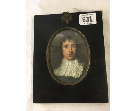 MINIATURE PORTRAIT OF A 17THC GENT, GEORGE JEFFERIES, FIRST BARON  JEFFERIES WEM, OVAL, IN ANTIQUE RECTANGULAR MINIATURE FRAM