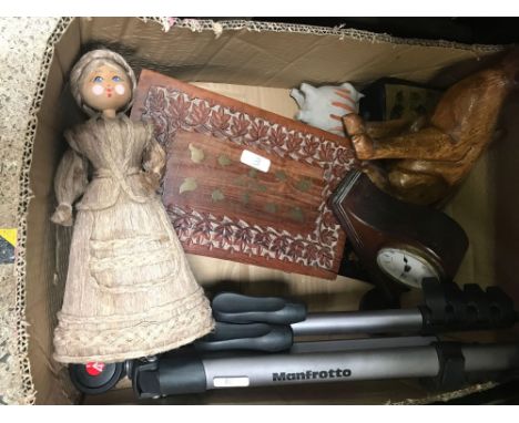 3 CARTONS OF MIXED BRIC-A-BRAC INCL; CAMERA, TRIPOD, PLATEDWARE, KITCHEN SCALE &amp; CURVED GLASS PHOTO FRAME