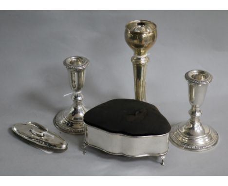 An Edwardian silver ring casket/pin cushion, Birmingham 1908, makers CS & FS and three other items, including a pair of Crown