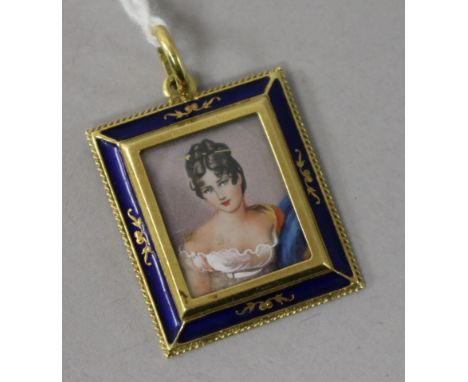 A 20th century Italian 18ct gold and enamel portrait pendant, 26mm.