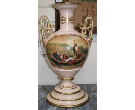 A Continental porcelain two-handled vase table lamp, decorated with a 19th century boating scene, with cupola-shaped shade H.