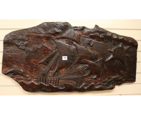 A carved ship at sea plaque by G. Self, 1990 W.119cm