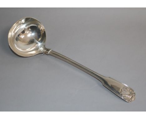An Edwardian silver fiddle, thread and shell pattern soup ladle, Walker & Hall, Sheffield, 1909, 31.7cm, 9 oz.