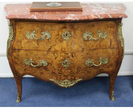 A serpentine marquetry commode with marble top W.122cm