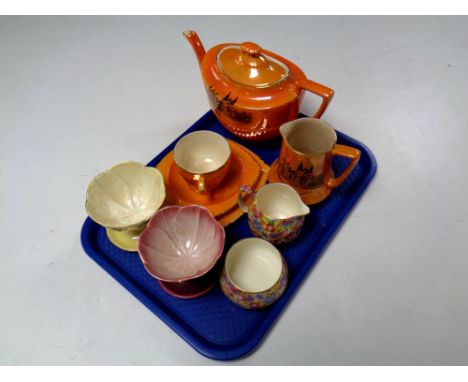 A tray of assorted ceramics, Crown Devon lustre five piece tea service, Royal Winton cream and sugar basin, two Maling dishes